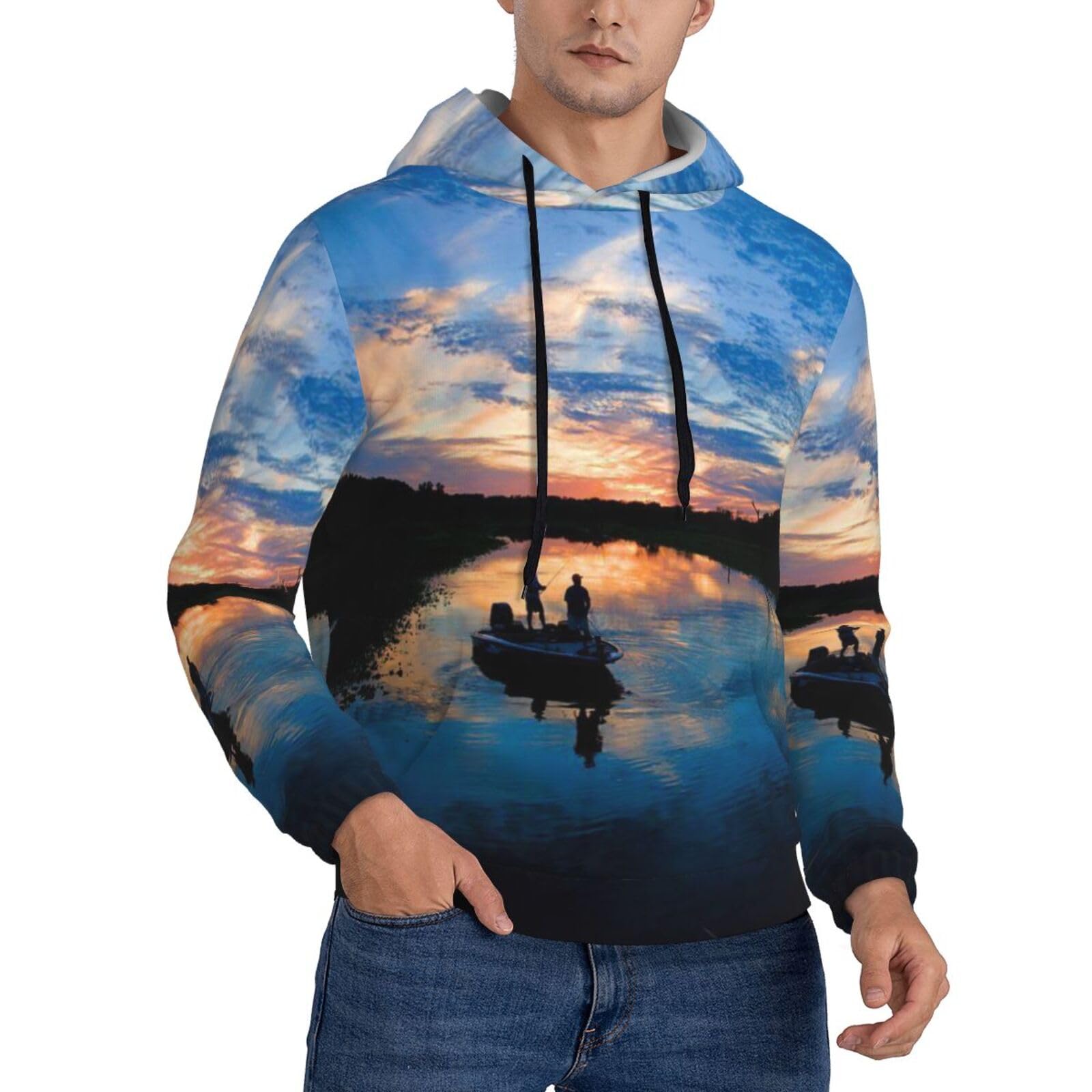 Froon Men's 3 D Graphic Hoodies Casual Fishing Scenic Print Hooded Sweatshirt Drawstring Pullover Hoodie For - With Kanga Pocket