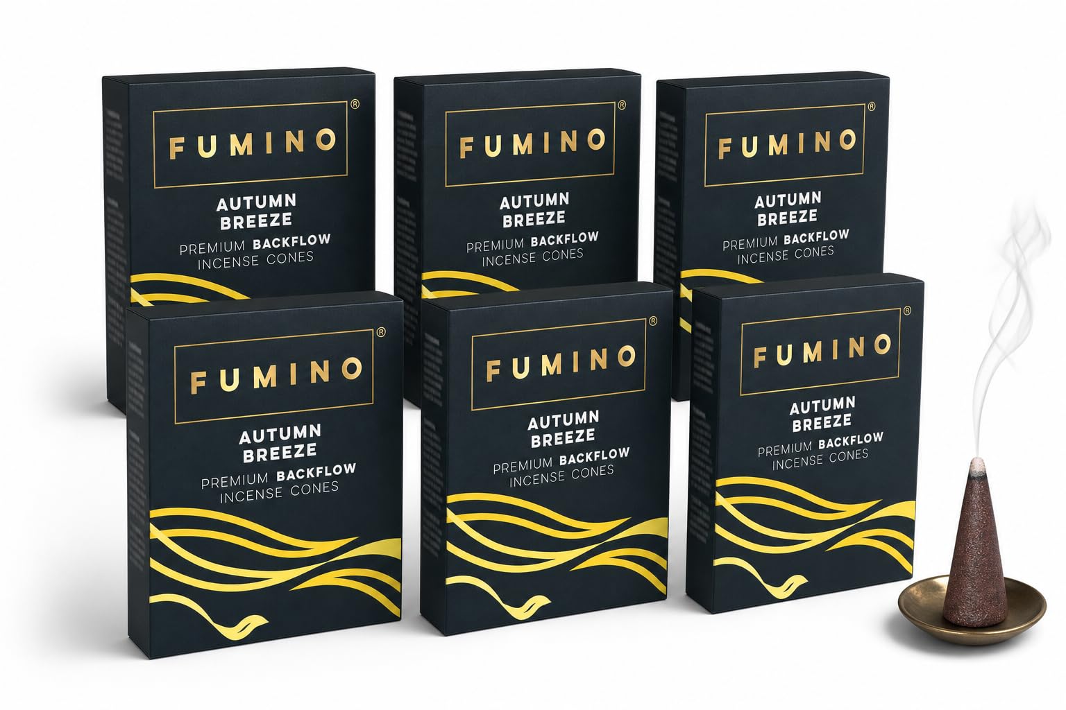 Fumino Autumn Breeze Backflow Incense Cones 90 Pack 6 Boxes - Natural Masala Cones for Waterfall Cascade Smoke & Meditation, Fresh & Woody Scent, Hollow-Core for Backflow Burners