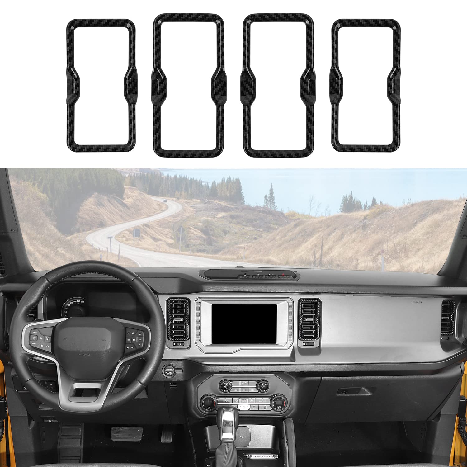 Photo 1 of RAZPOY for Bronco Air Conditioning Outlet Vent Trim, 4PCS Center Console Dash AC Vent Ring Cover Compatible with 2021-2024 Ford Bronco Interior Accessories, Carbon Fiber (Not for Bronco Sport)