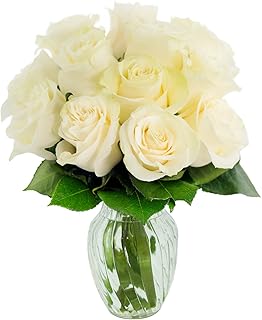 KaBloom - Bouquet of 12 Fresh White Roses (Farm-Fresh, Long-Stem) with V...
