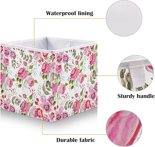 Miniatura 4 de Cubo de almacenamiento de flores rosas de acuarela, 11 x 11 x 11 pulgadas, cubos de almacenamiento plegables de tela, cestas de almacenamiento