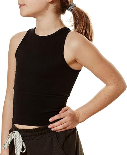 Girls' Seamless Knit Crop Tank Top(Black,Small-Medium)