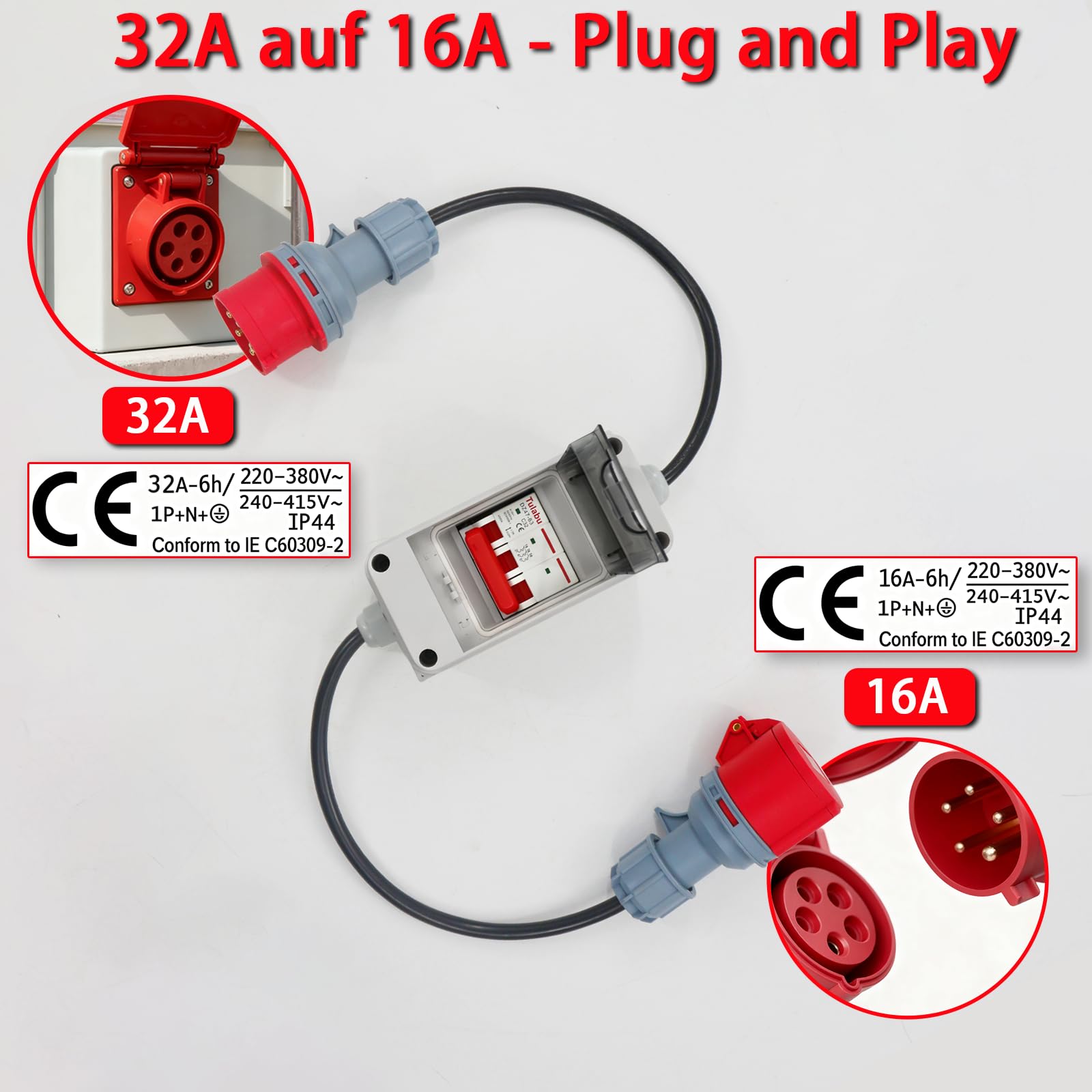 Adattatore CEE 32A a 16A CA con interruttore di protezione del cavo, monofase, 5 poli IP44 impermeabile, 3x2,5 mm², ideale per industria, cantiere, camper e uso domestico