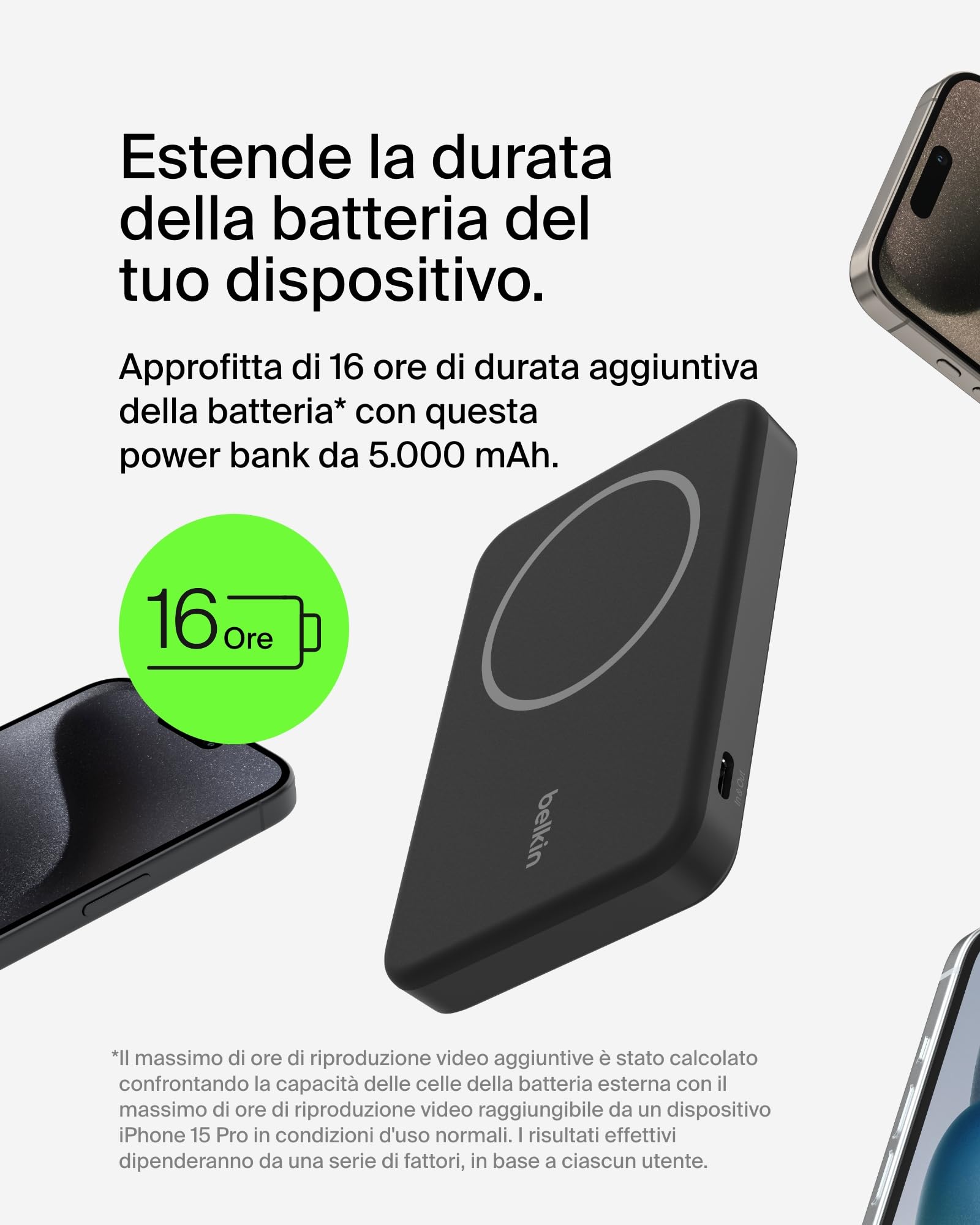 Belkin BoostCharge Pro Power Bank Magnetico 5000mAh con Qi2, caricabatterie portatile compatibile con MagSafe, supporto integrato, power bank wireless per iPhone 16, iPhone 15, 14 e altri, Nero