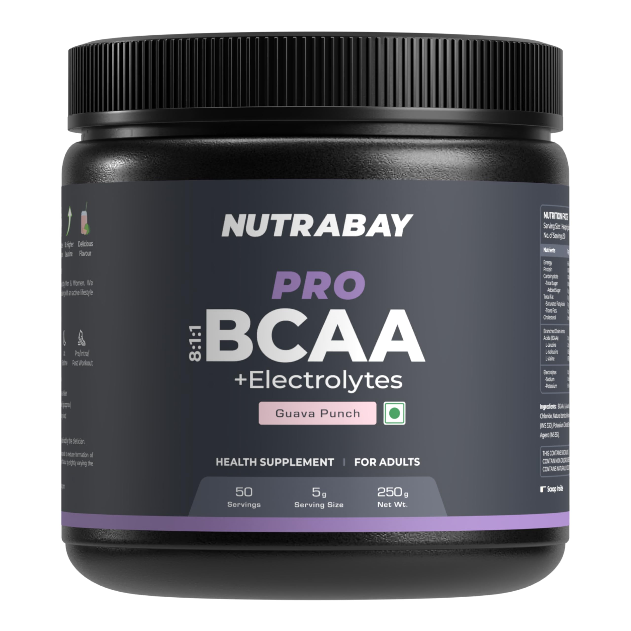 Nutrabay PRO BCAA 8:1:1 with Electrolytes 7000 mg Vegan BCAAs, 1000mg Electrolytes per Serving – Intra/Post Workout Energy Drink – Gluten & Dairy Free - 250g, Guava Punch