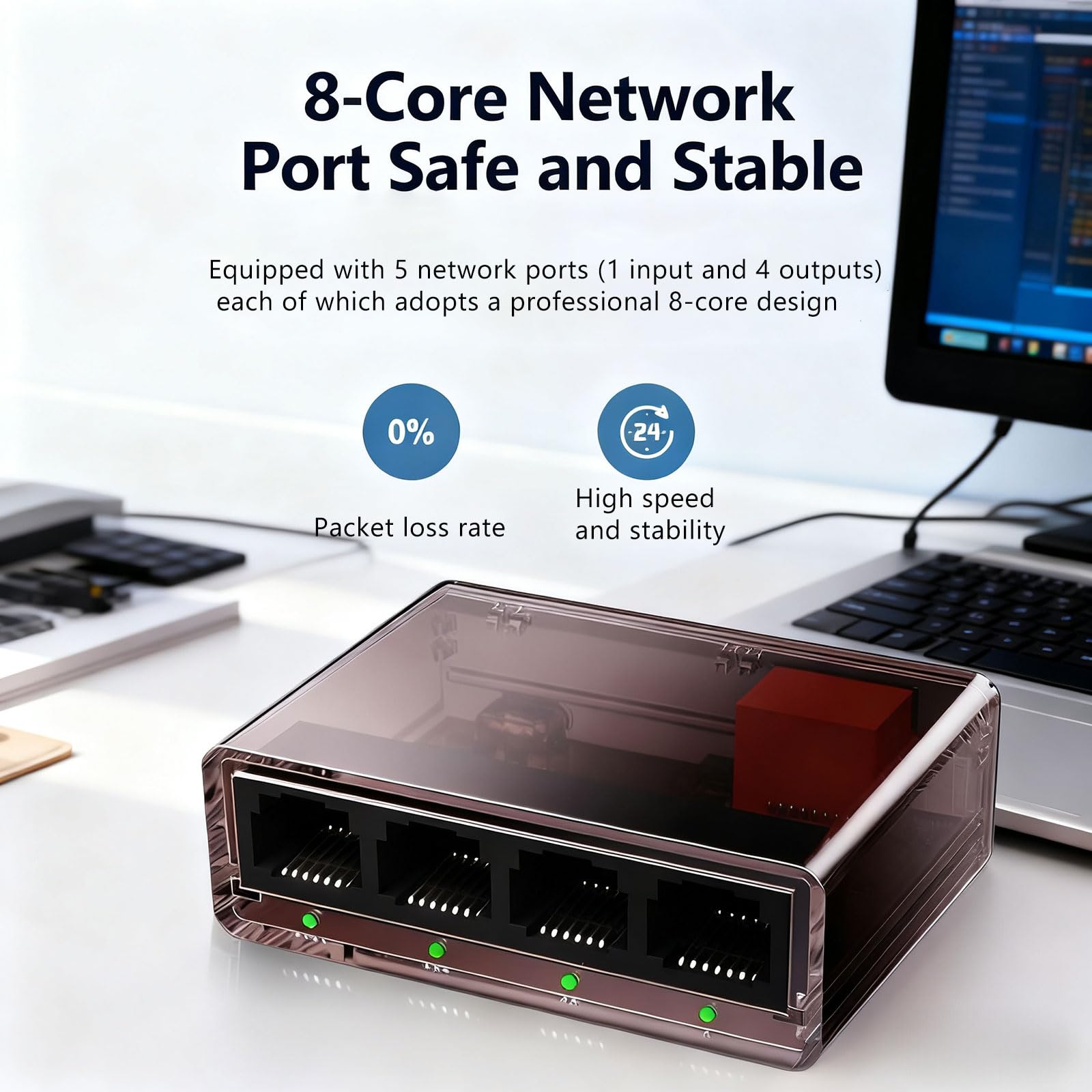 Ethernet-Splitter, 1 auf 4, Gigabit-Ethernet-Switch, 4 Ports, mit 5 LAN-Kabeln, Cat 6, RJ45, 1000 Mbps, Hochgeschwindigkeits-Internet-Kabel-Splitter, für Cat 5/5e/6/7/8 Kabel