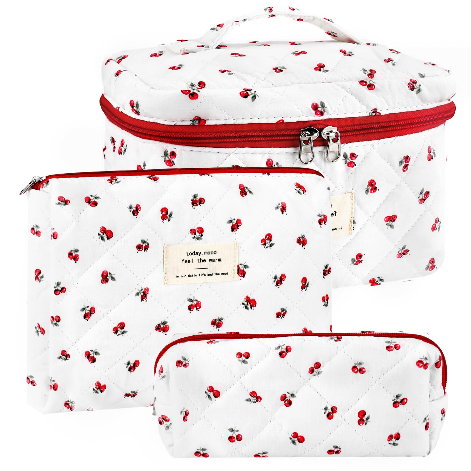 URSKYTOUS 3Pc Cotton Quilted Makeup Bag for Women Extra Large Coquette Small Floral Travel Cosmetic Bag Set Cute Cherry Makeup Pouch Portable Toiletry