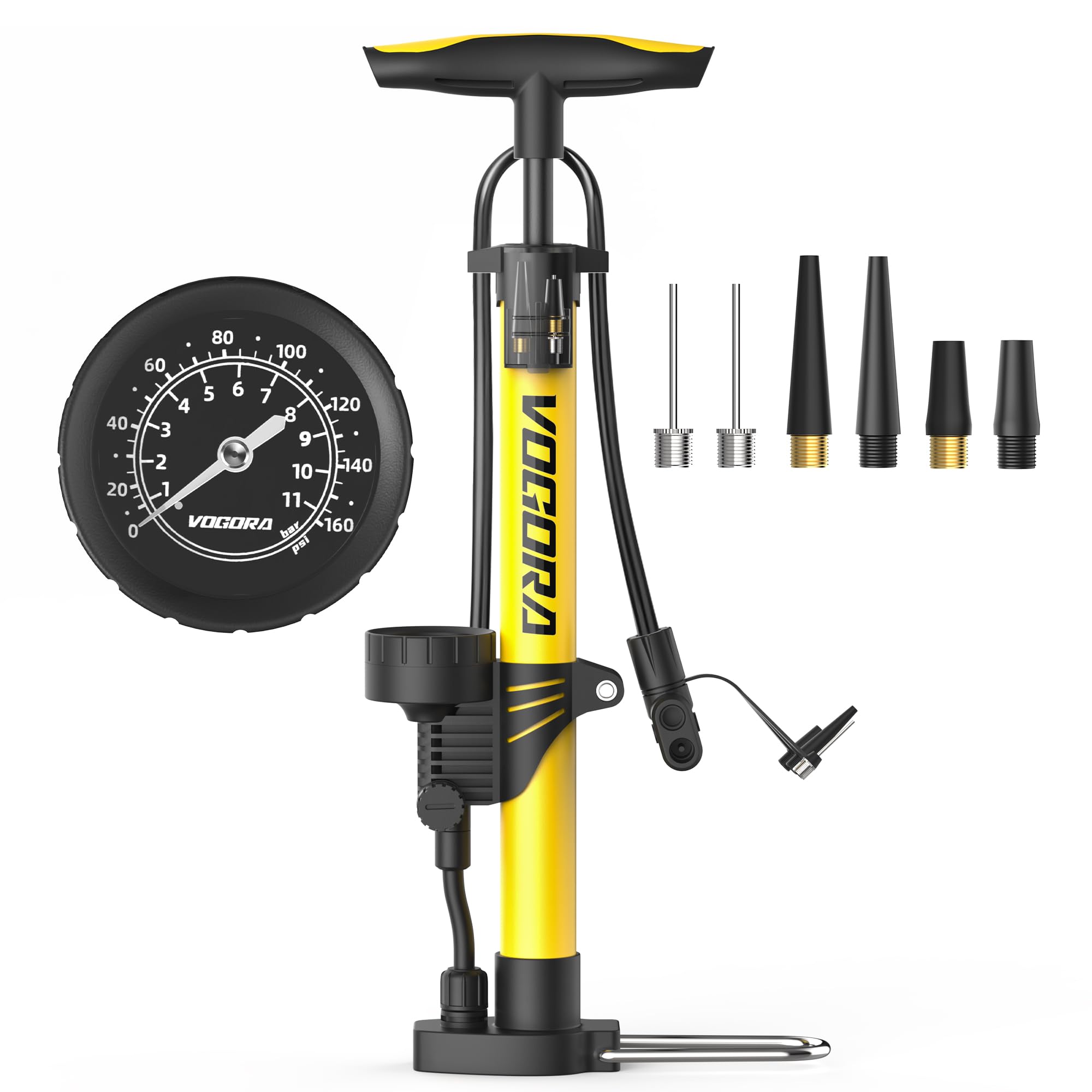 VOGORA Bike Pump with Pressure Gauge, Bicycle Pump with Presta & Schrader Valves Bike Pump for all Bikes, Foot Pump for Car Tyres, Road Mountain Bikes & Balls — image 1
