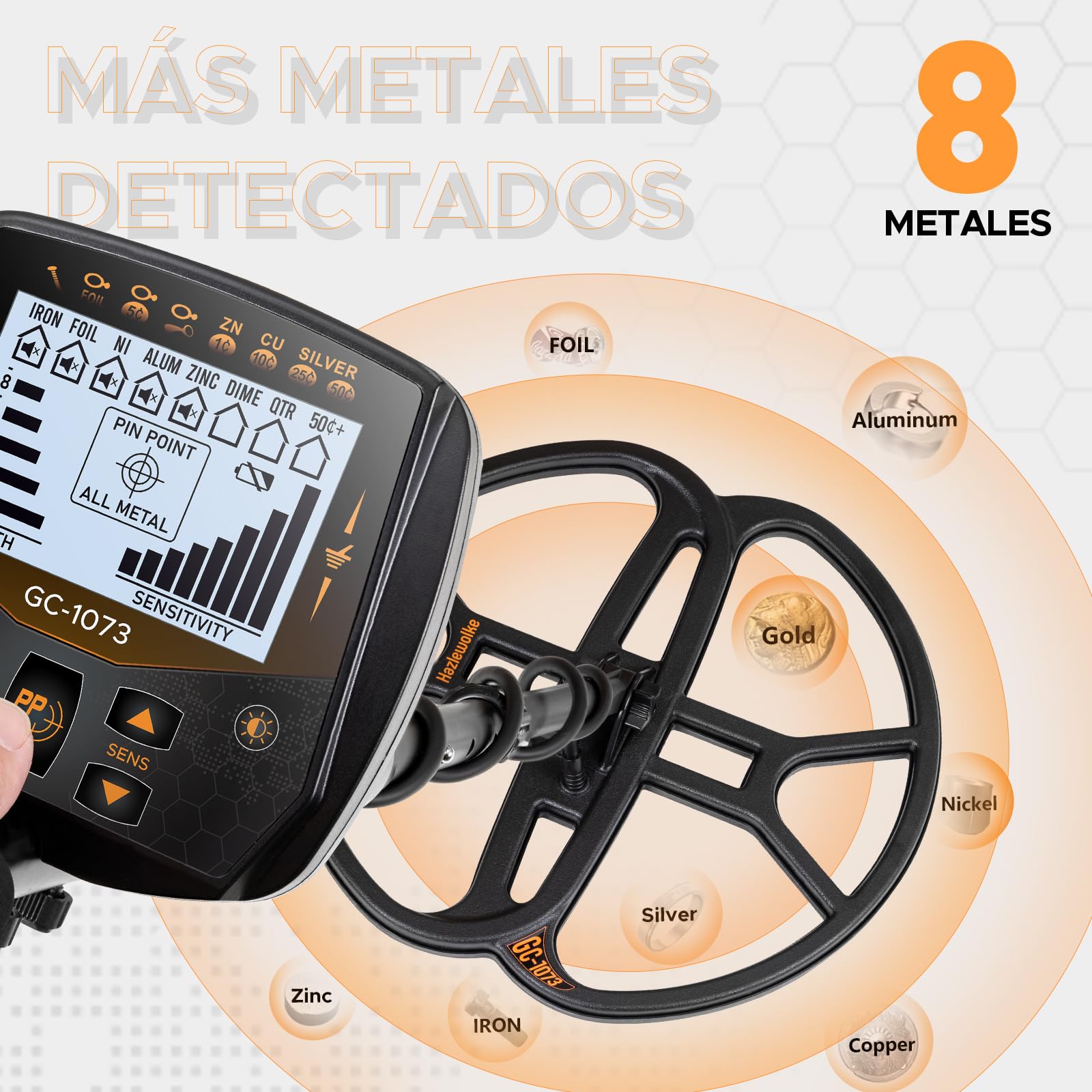 Hazlewolke Detector de Metales Profesional de 33cm, Doble D, Resistente al Agua, buscador de Bobina Dorada con Pinpoint, Modo Disc de Alta sensibilidad, Pantalla LCD retroiluminada, Detector de Oro