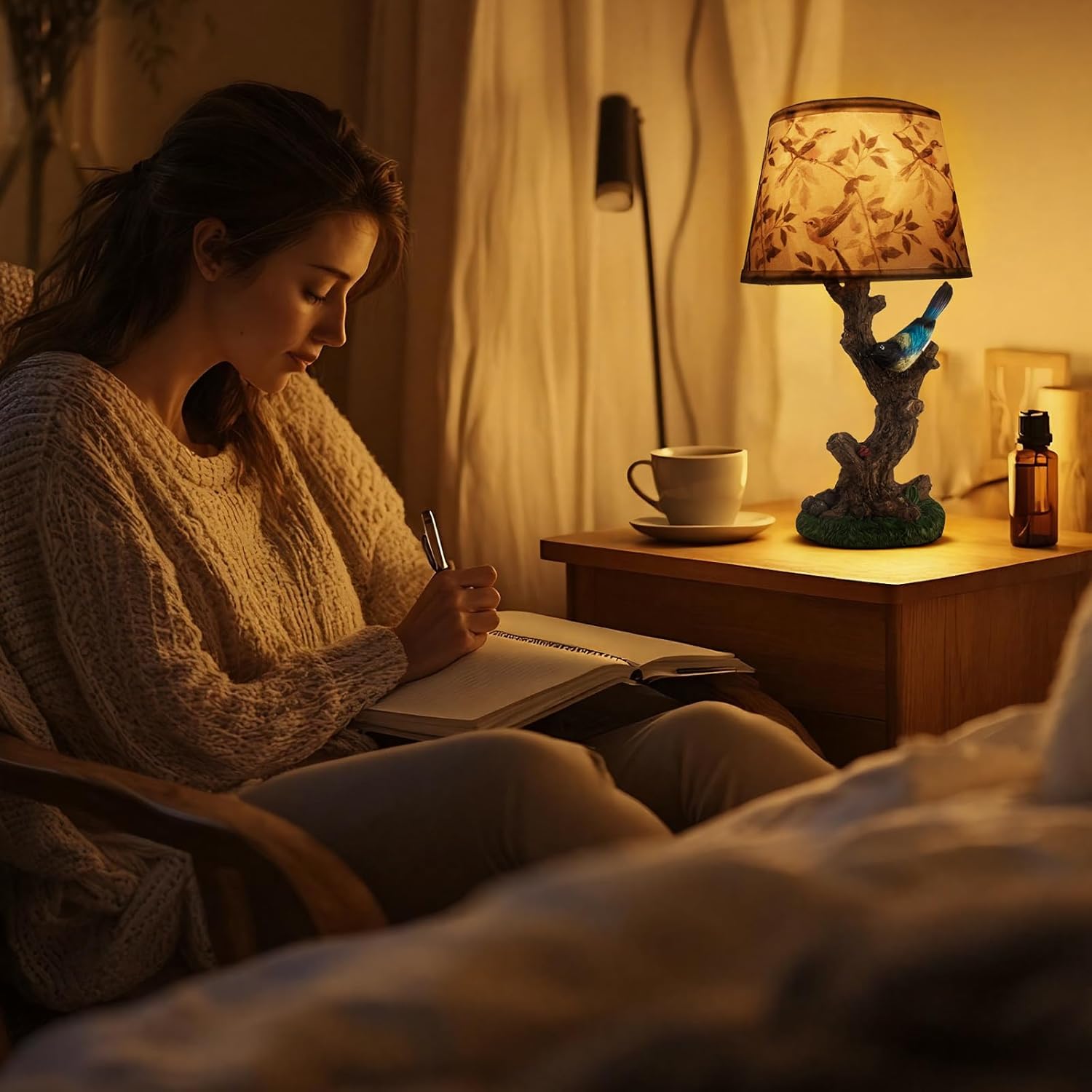 FIRVRE Classy Bird Table Lamp, Bedside Lamps with Fabric Linen Lamp Shade,Resin Nightstand Lamp, Branches Decorative Desk Lamp for Bedroom Living Room, Home Office