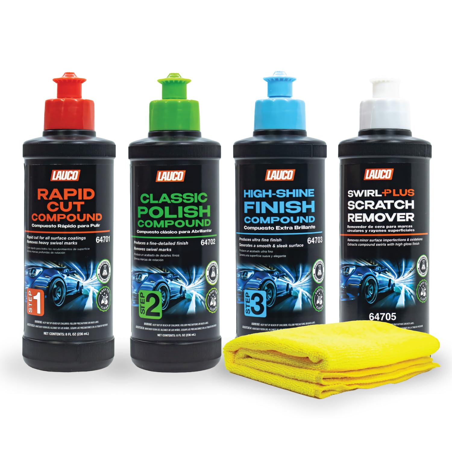 LAUCO Paint Correction Compounds Step 1, 2, 3, Swirl Remover 8oz Kits, with a Towel, Sili…