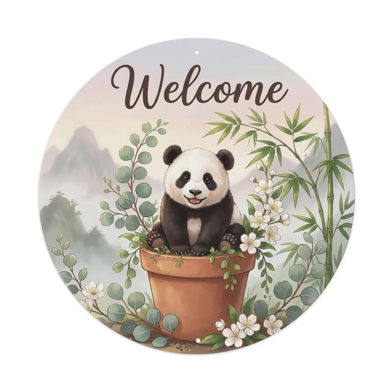 Welcome Panda Eucalyptus Metal Tin Sign