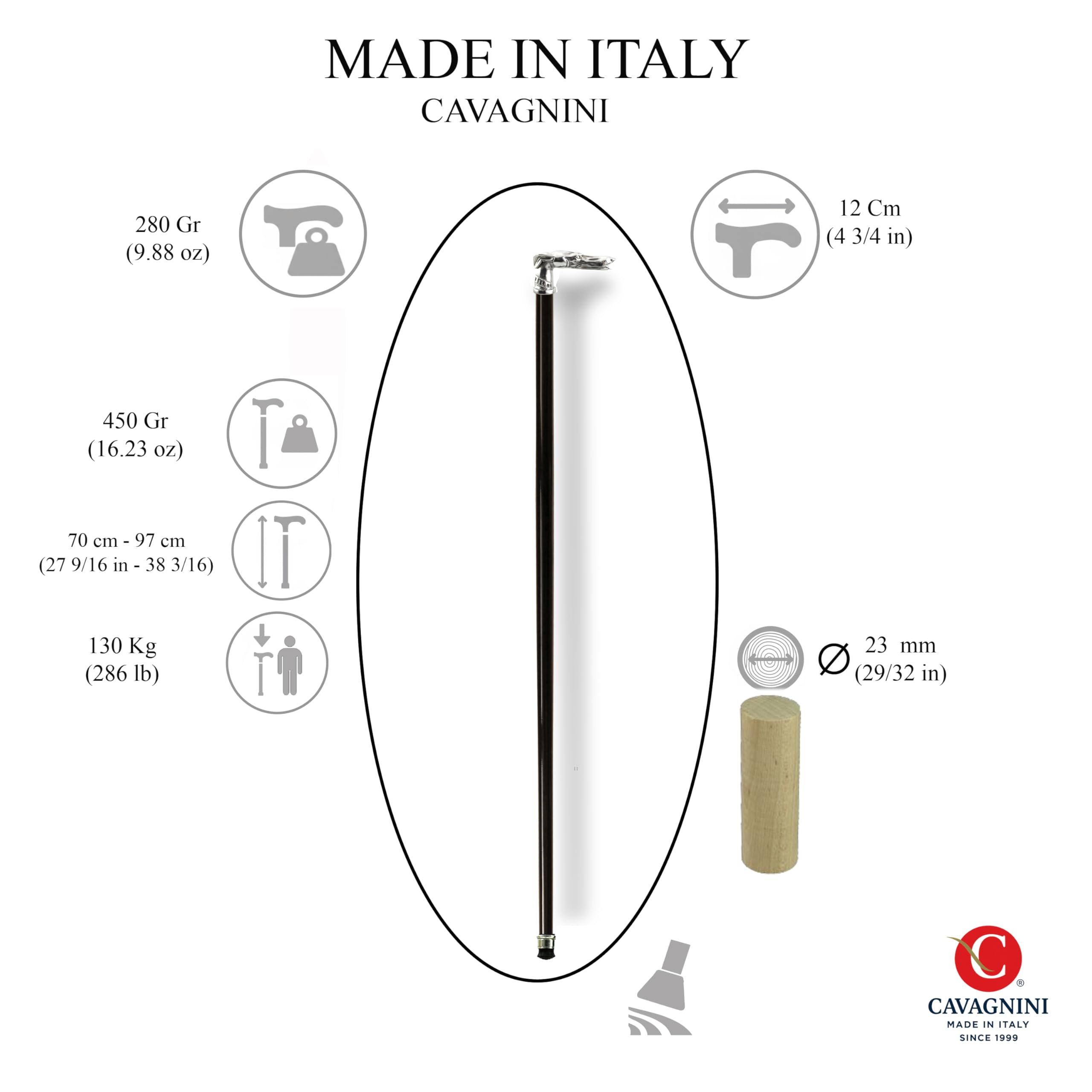 Cavagnini Bastón de Paseo Artesanal de Lujo Italiano – Peltre Completo Madera de Haya Robusta – Regalo Personalizado Grabado – Elegancia Premium