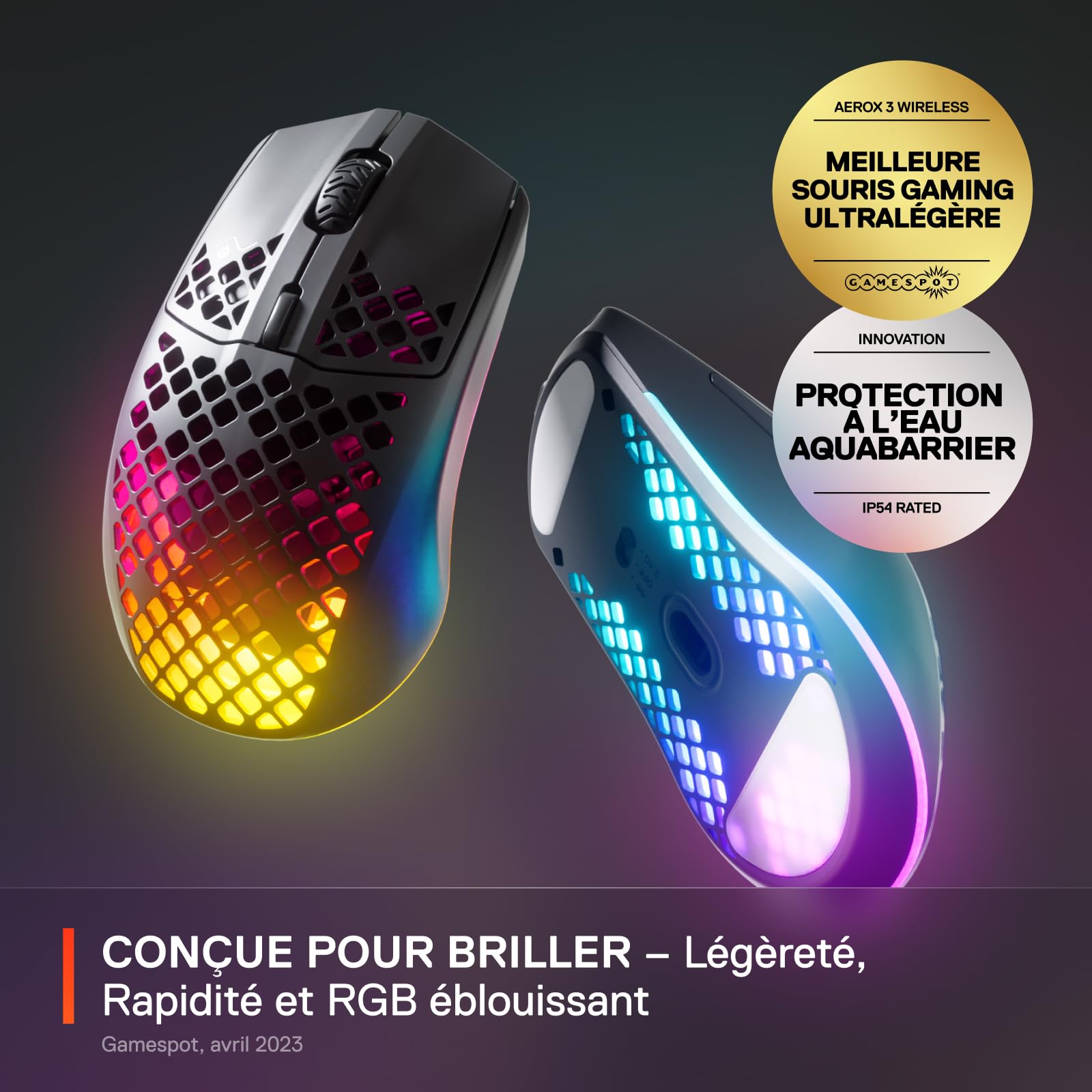 SteelSeries Aerox 3 Wireless - Souris gaming RGB trouée - Design étanche ultra-léger - Capteur optique 18K DPI TrueMove Air - Onyx