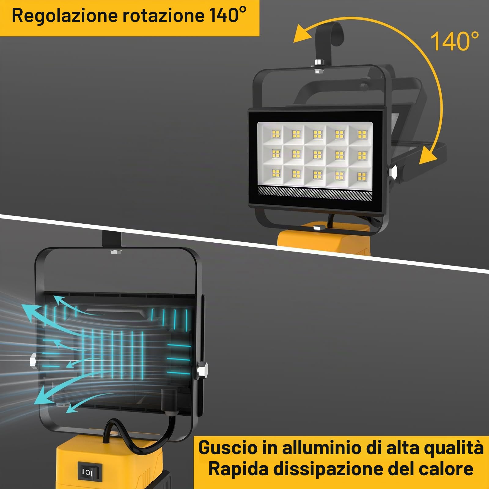 T-SUN Faro LED Ricaricabile Compatibile con Batteria Dewalt 18V, 60W 4500LM Luci da Lavoro Portatili Ricaricabili Lampada da Lavoro per Campeggio, Lavoro, Pesca, Emergenza (Senza Batteria)