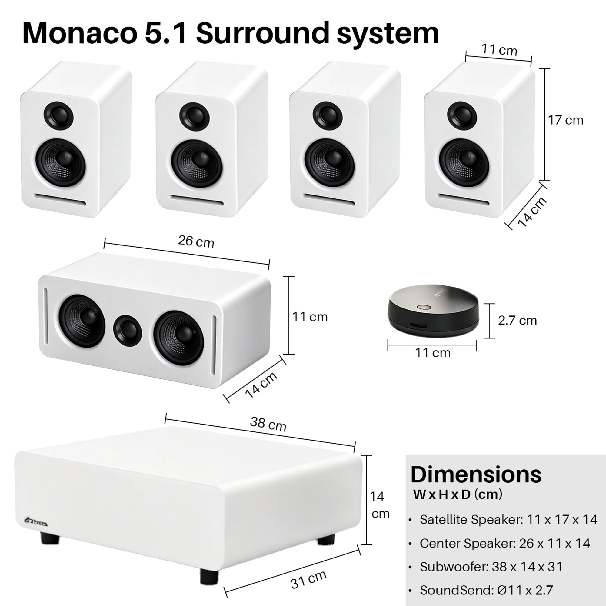 Système de son home cinéma 5.1 Dolby Atmos, système de son surround sans fil avec WiSA Low Latency, mise à niveau du son TV et de jeu pour le salon, kit Monaco compact, blanc
