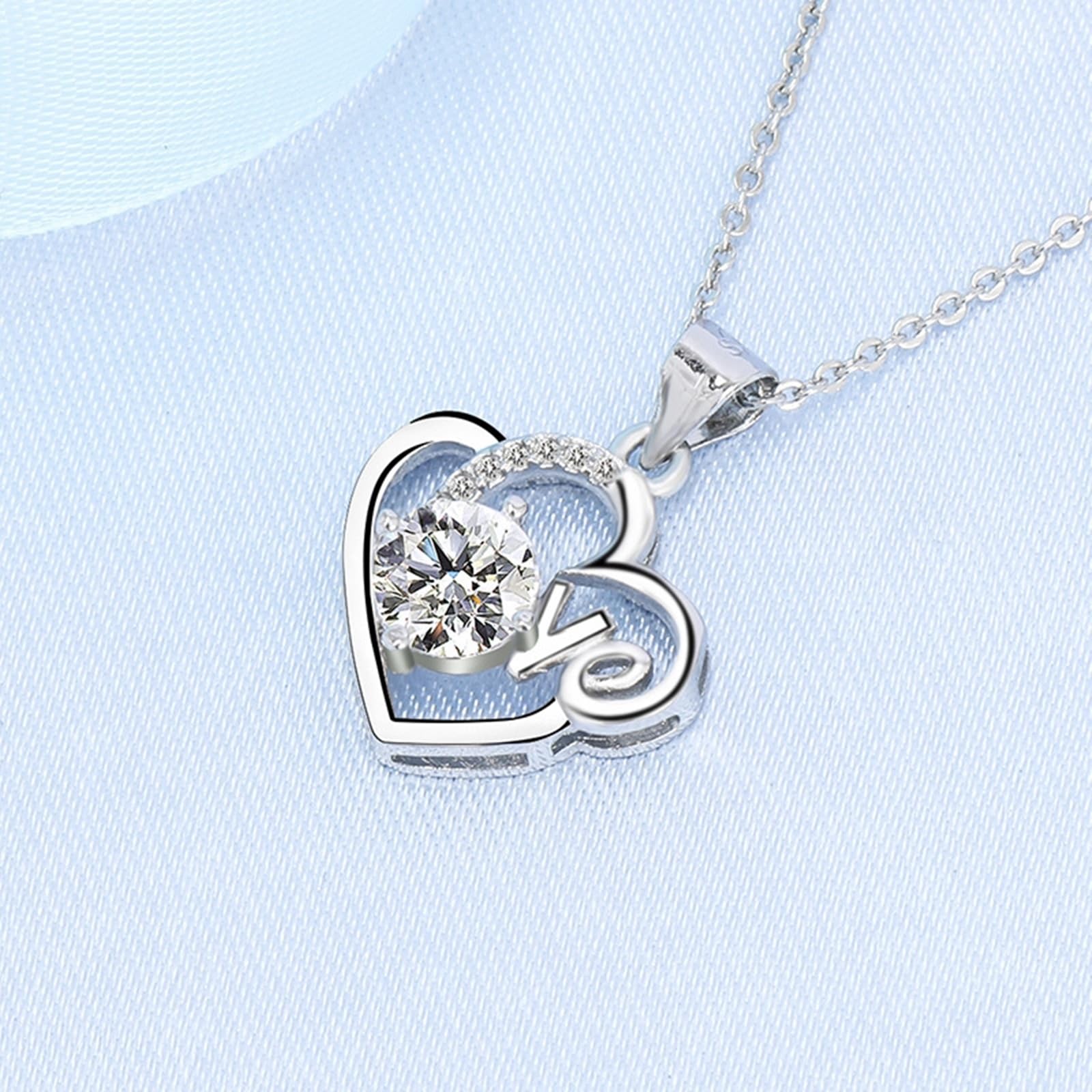 Collana Donna Matrimonio Oro Bianco 9k/14k/18k, Ciondolo per Collana Cuore d'Amore con Diamante Sintetico, Catena Regolabile 40+5 cm