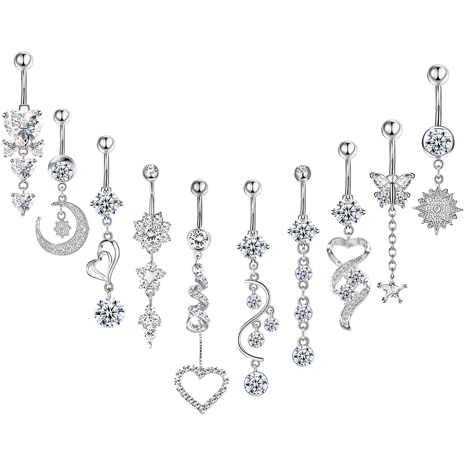 NEWITIN 10pcs 14G Belly Button Rings Dangle 316L Surgical Steel Navel Rings Cubic Zirconia Belly Button Piercing Belly Button Dangle Rings for Women Girls Metal Cubic Zirconia, Metal, Cubic Zirconia