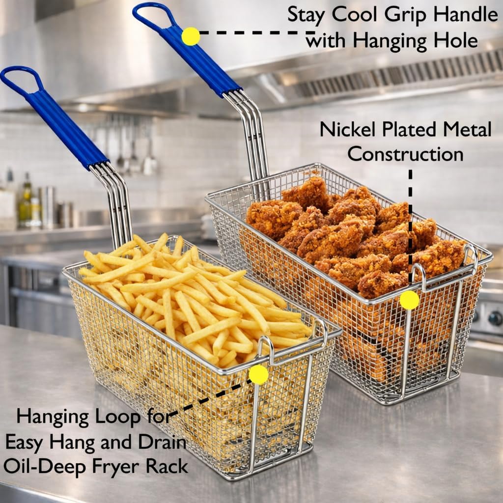 Deep Fryer Basket | 2 Pack | Commercial Grade | 13" x 6.5" x 6" | Nickel Plated Iron | Professional Kitchen Fry Basket | Perfect for Heavy Duty Restaurant Use