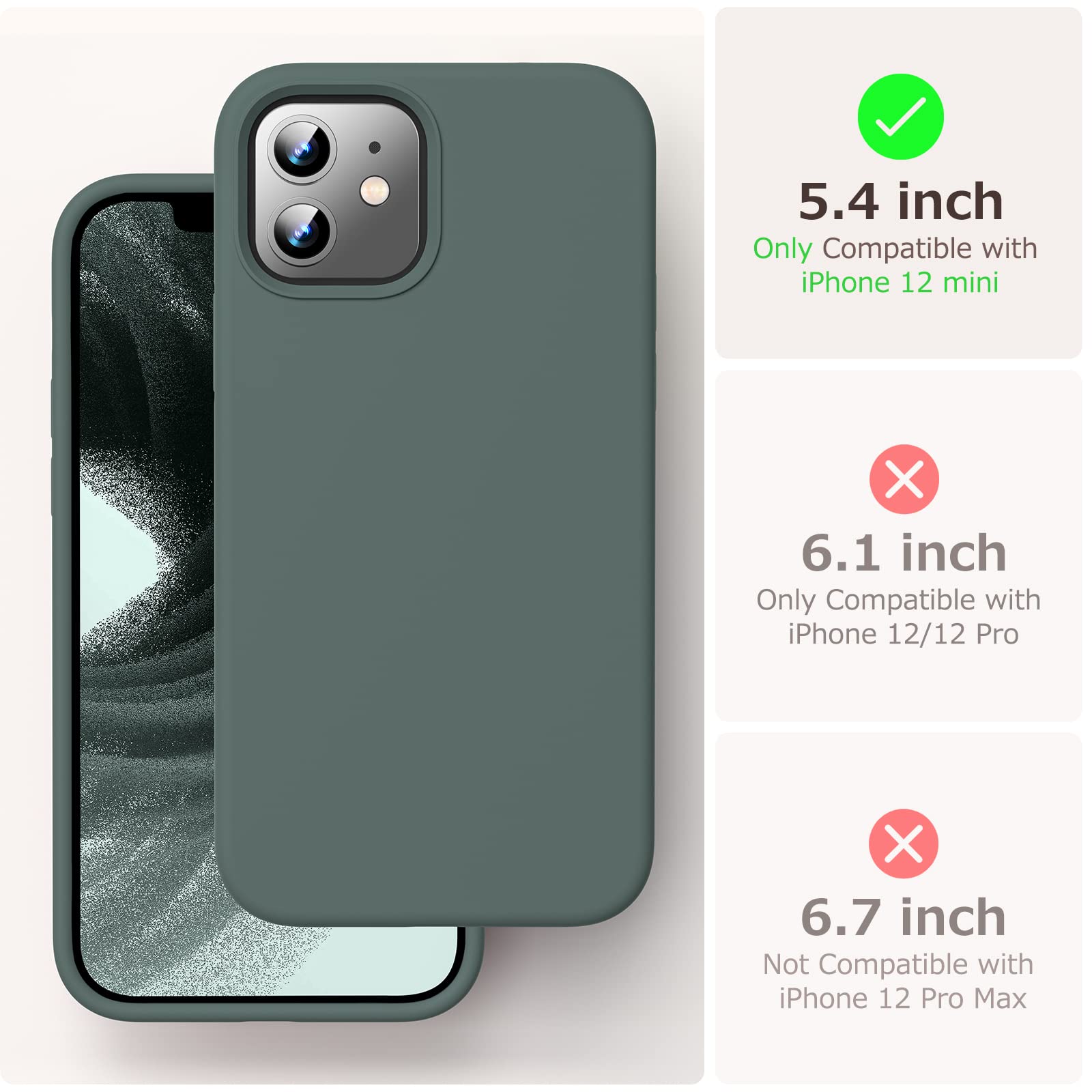 GOODVISH 3 in 1 Cover iPhone 12 Mini Silicone, con 2 Pezzi di Pellicola Protettiva, iPhone 12 Mini Custodia per Cellulare 5,4" con Morbida Microfibra Antiurto, Verde Pino
