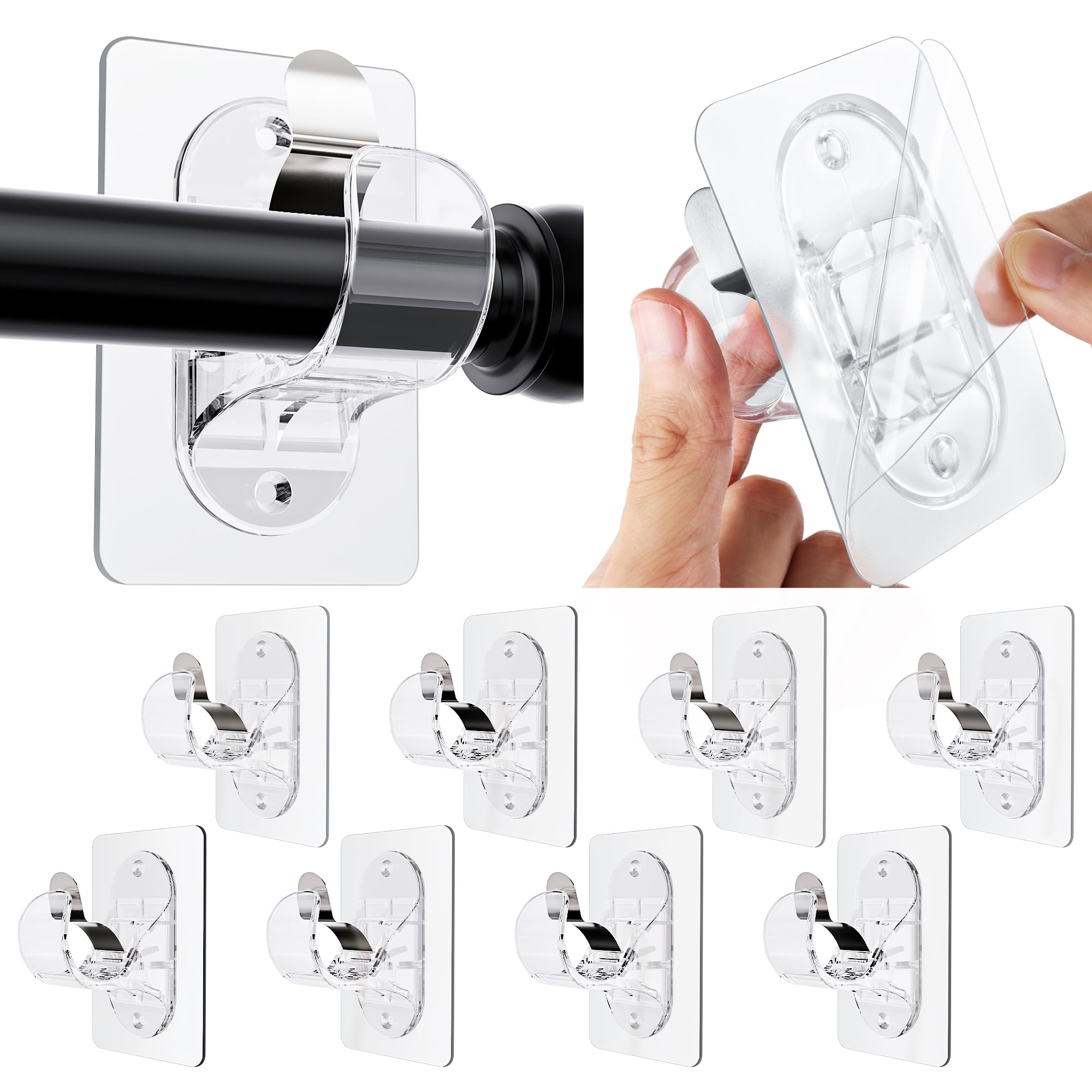 Goabroa No Drill Curtain Rod Brackets, 8-Pack Heavy Duty Clear Adhesive Curtain Rod Holders, No Tools Needed Curtain Rod Hanger for Bathroom,Bedroom
