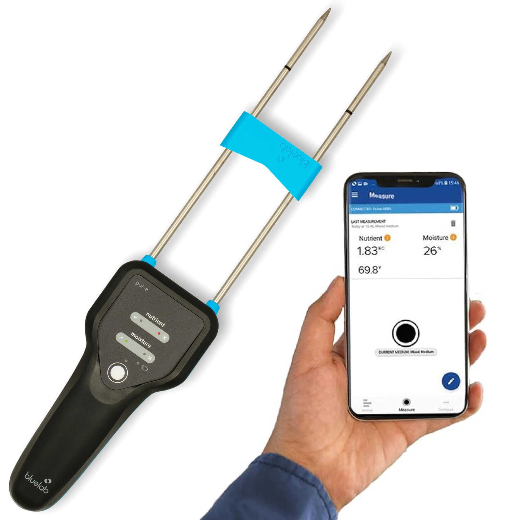 Bluelab METPULSE Pulse Meter Wasser 3-in-1 Feuchtigkeit/Nährstoff (TDS)/Temperatur Test Kit für Erde, Kokos, und Lösung, Tester für Hydroponische System und Indoor-Pflanzen wachsen, Clear