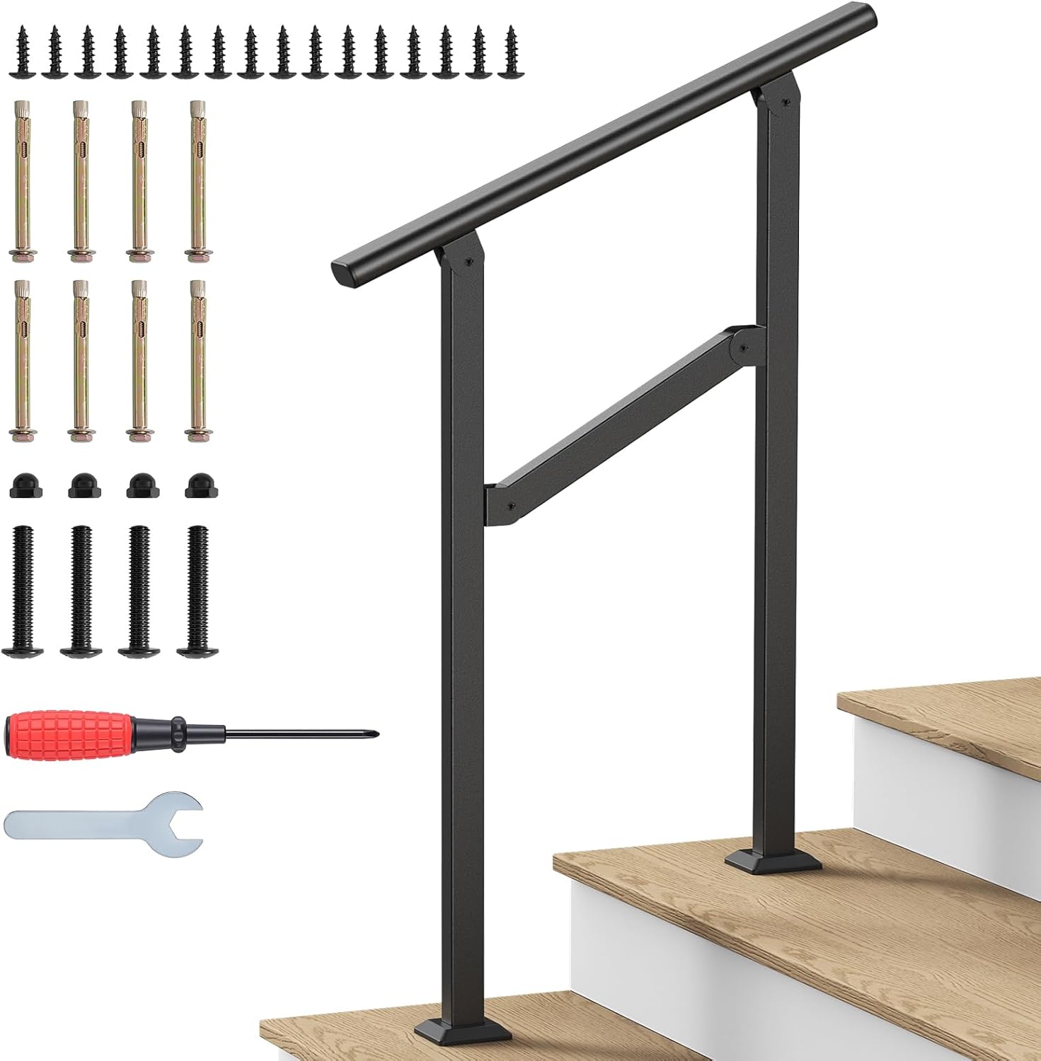 Hand Rails for Outdoor Steps, 3-4 Steps Wrought Iron Handrails for Outdoor Steps, Stair Railing for Porch, Home, Garden, Indoor, Staircase Handrails for Wooden, Cement, Brick, Marble (2 Steps)