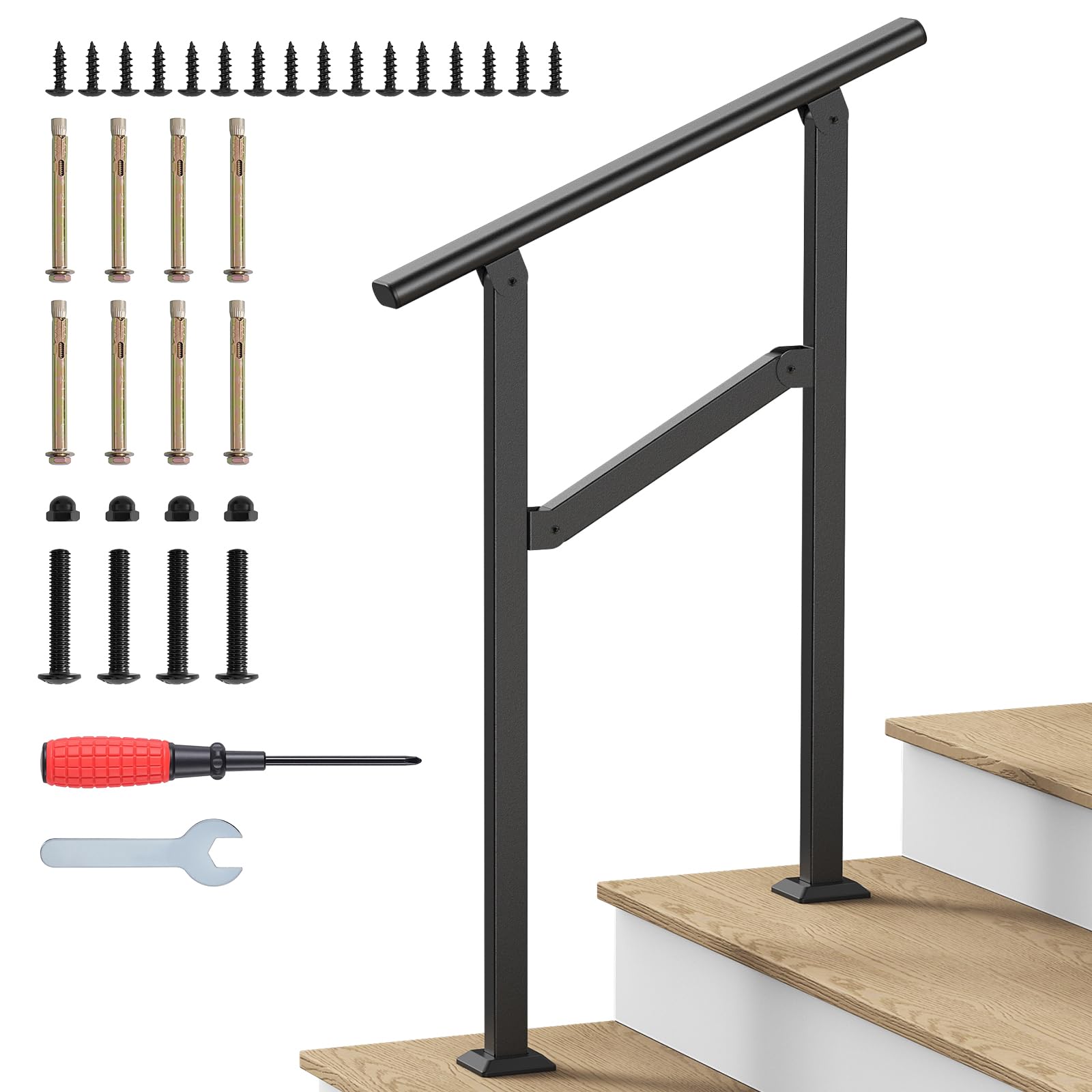 DOVOV Hand Rails for Outdoor Steps, 2 Steps Wrought Iron Handrails for Outdoor Steps, Stair Railing for Porch, Home, Garden, Indoor, Staircase Handrails for Wooden, Cement, Brick, Marble