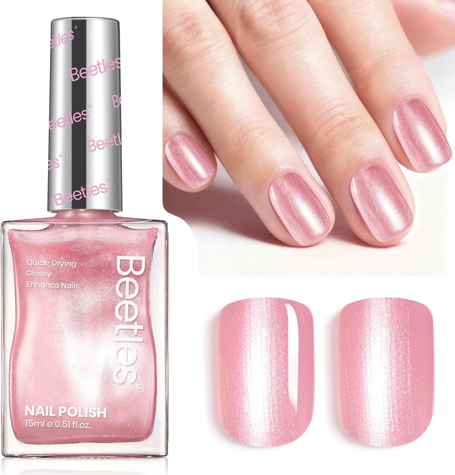Beetles Pink Nail Polish - 15ML Quick Dry Nail Polish Romantic Reverie Pink Rose Pearl Nail Lacquer Shimmer Fingernail Polish Art Effect for Nail Salon-Quality