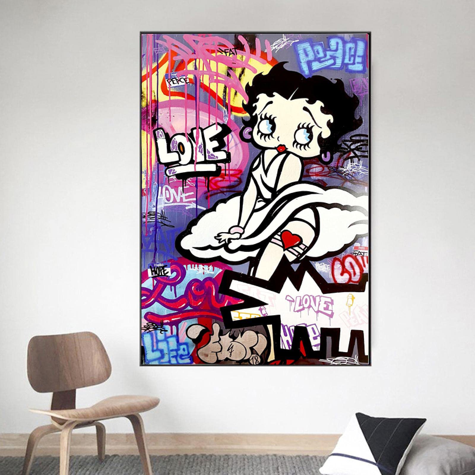 Tela stampata Graffiti Betty Boop Wall Art Street Cartoon Girl Poster Stampa Immagine da parete Soggiorno Decorazione della casa 40x60cm Cornice interna