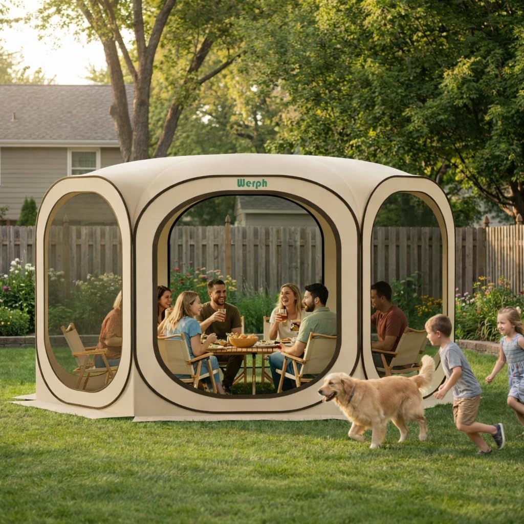 12x12 Pop Up Screen Tent, Mosquito Net Gazebo, UV Resistant Roof Waterproof Screen Canopy, Quick Setup Outdoor Shelter for Backyard, Patio, Garden, Picnic, Camping and Events, Beige