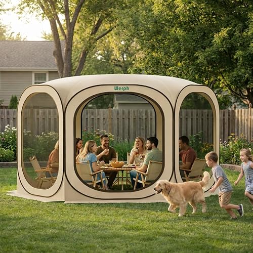 12x12 Pop Up Screen Tent, Mosquito Net Gazebo, UV Resistant Roof Waterproof Screen Canopy, Quick Setup Outdoor Shelter for Backyard, Patio, Garden, Picnic, Camping and Events, Beige