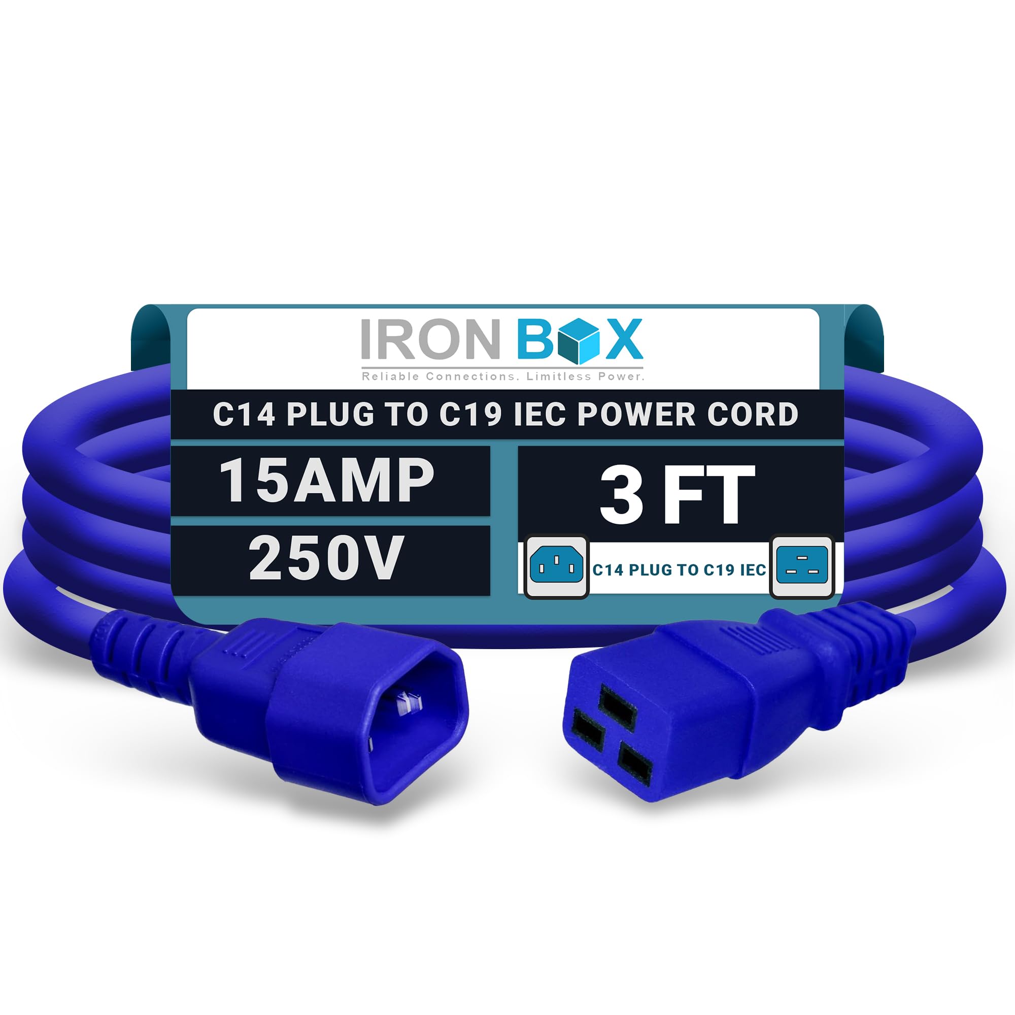 IronBox Electric - Heavy-Duty C14 to C19 Power Cord, 15A, 250V, 14/3 SJT - IEC60320 PC Cable for Computer Extensions, Monitor, PSU - C14 Male to C19 Female Connector Power Cable - (Blue 3 Foot)