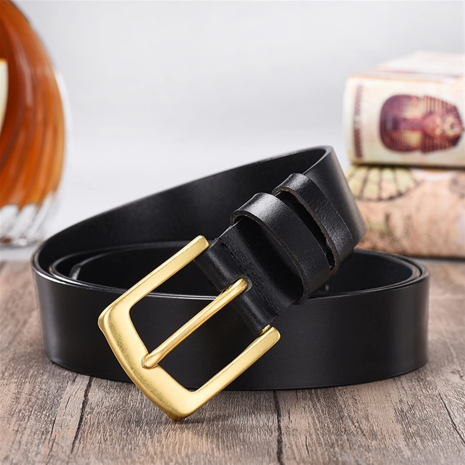 Cinturón ajustable de cuero genuino, Cinturón de cuero for hombre, capa superior de cuero, cinturón con hebilla, versátil, informal, ancho, hebilla antiarañazos, suave y flexible(Black,Length 115cm)