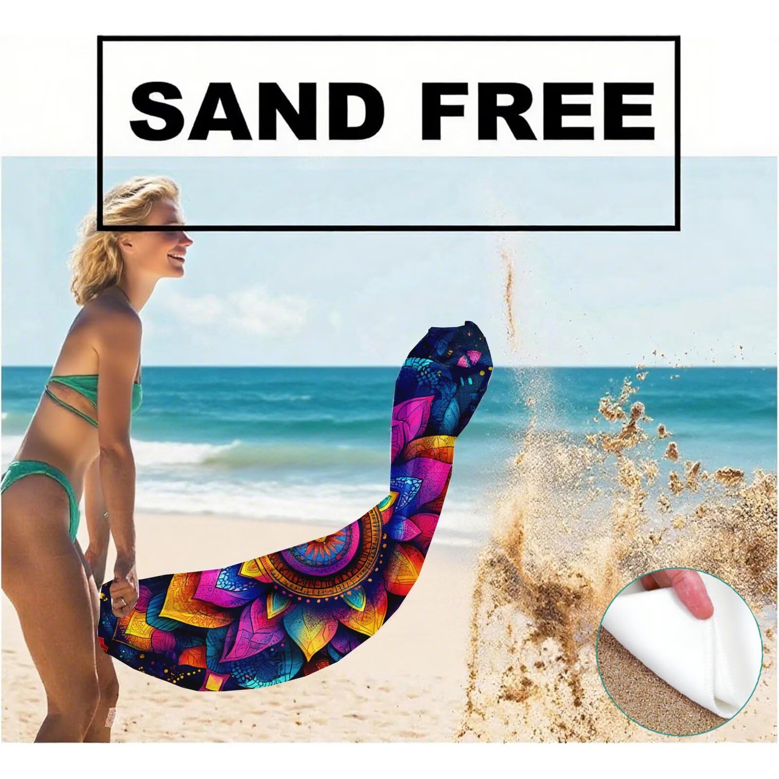 Serviette de Plage Microfibre Serviette Plage 100x150 cm 2 Pack Séchage Rapide, Anti-Sable, Absorbante Fonction Drap de Plage XXL pour Bain Sport Voyages Sauna Piscine Yoga, avec Sac Mandala Q-839