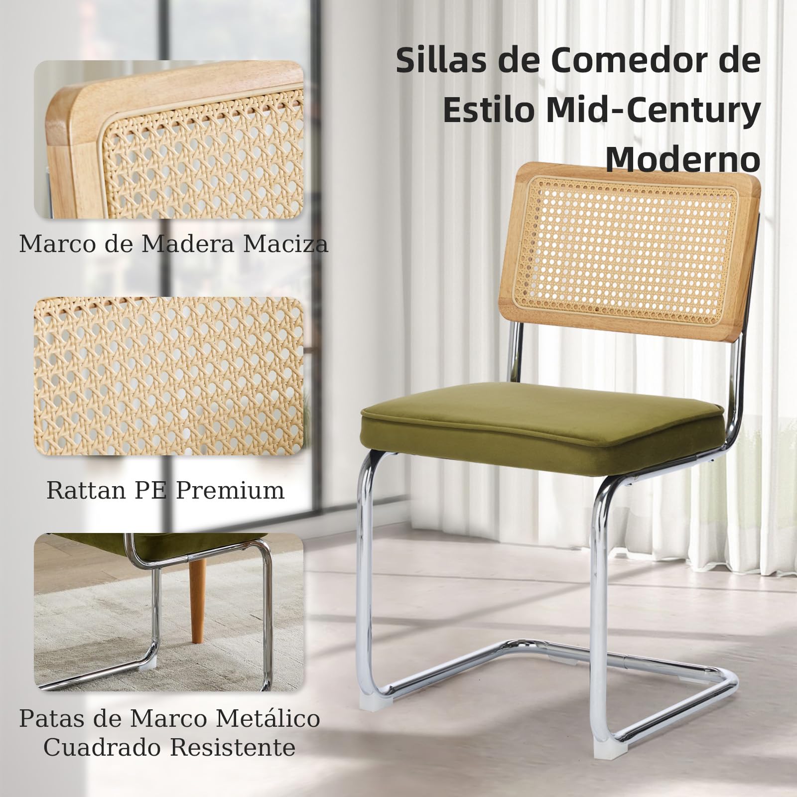 SoarFlash Sillas de Comedor Mid-Century Modernas, Respaldo de Rattan Tresse a Mano, Estructura Cantilever en Acero Cromado, Asiento Moelleux en Terciopelo, Set de 2, Verde