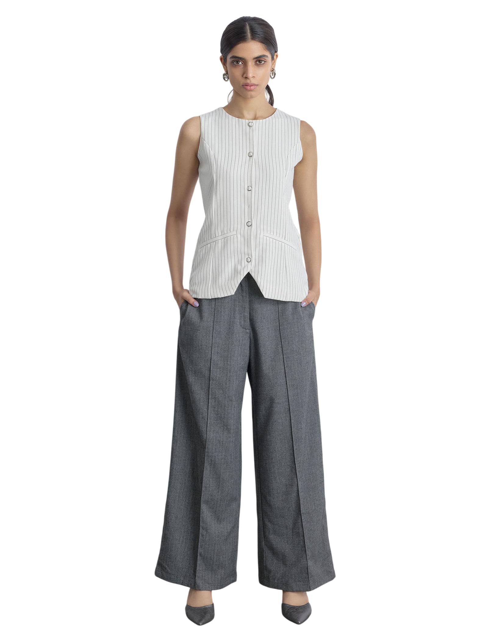 the label life 80% Poly 16% Viscose 4% Spandex White Pinstripe Long Waistcoat for Women | Stylish Elegant Comfortable Relaxed Fit Striped Western Outfit Top-picture-10