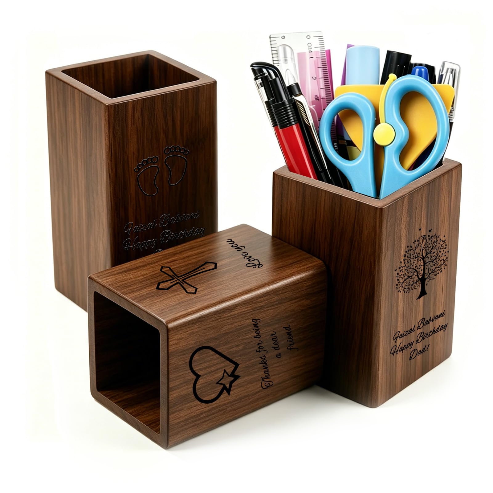 QSZ Personalised Wooden Pen Pot Custom Engraved Pen Pencil Holder for Desk Personalisable Pen Storage Pot with Custom Text/Logo Office Gifts for Men Women Teacher (custom pen holder)