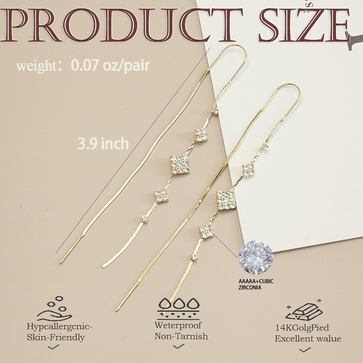 Sterling Silver Threader Chain Earrings for Women – 14K Gold Plated Hypoallergenic Dangle Jewelry，Lightweight 4.8 Inch Earrings, Minimalist & Versatile Design for Daily Wear or Gifting - Image 3