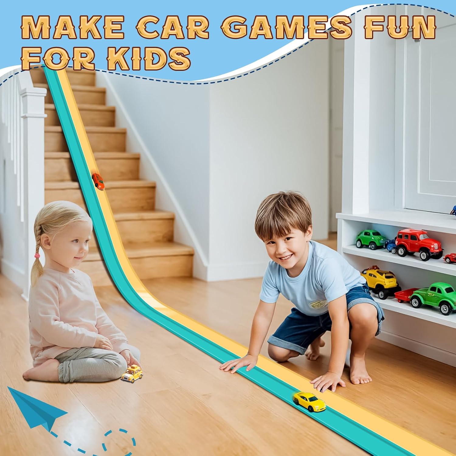 flex tracks 15 ft for kids starter set, flexible race car ramp track with suction cups compatible with diecast 1/64th cars for ages 3 & up (daytona blue & yellow)