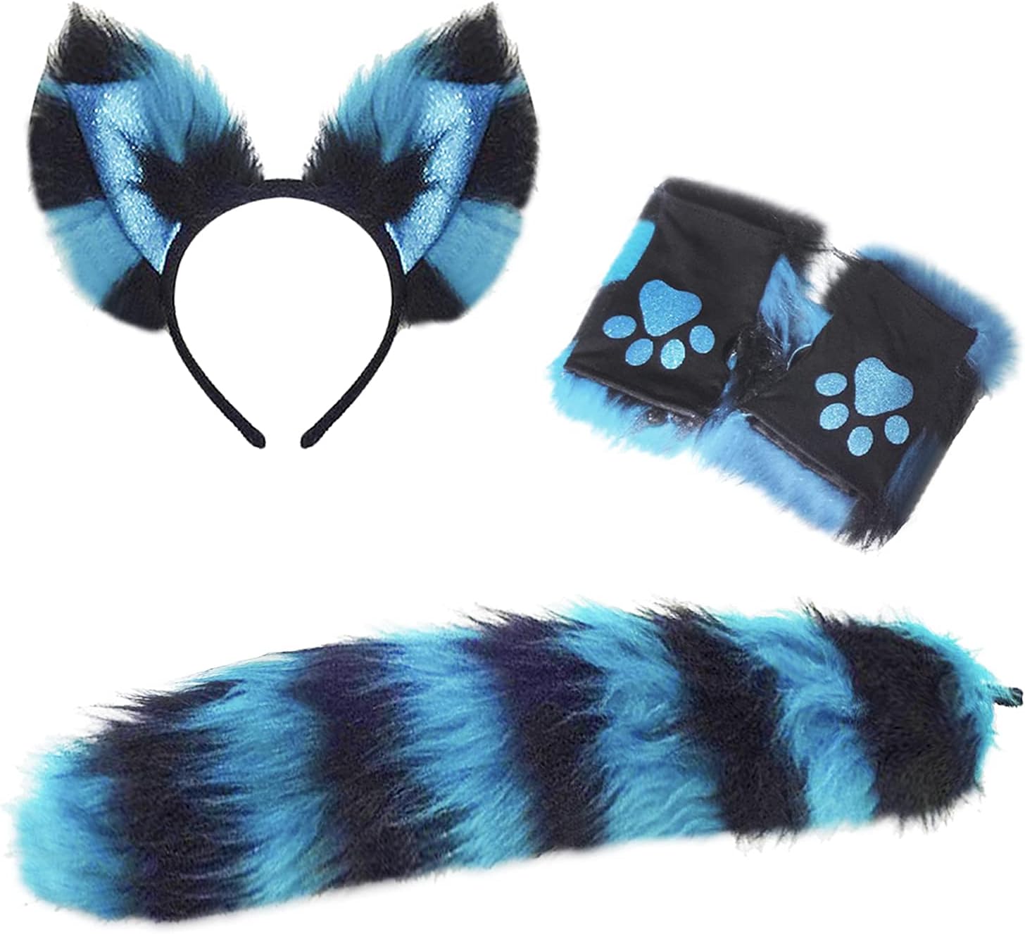 Cat Wolf Fox Tail Faux Fur Ear Headband Paw Gloves Set for Adult Children Halloween Xmas Fancy Party Cosplay Costume Gifts