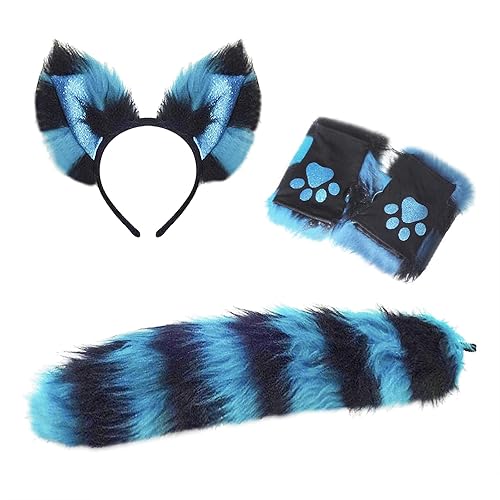 BXT Faux Fur Cat Ears Furry Wolf Fox Long Tail Hair Headband Paw Gloves Set for Adult Halloween Xmas Cosplay Costume - Fox-blue