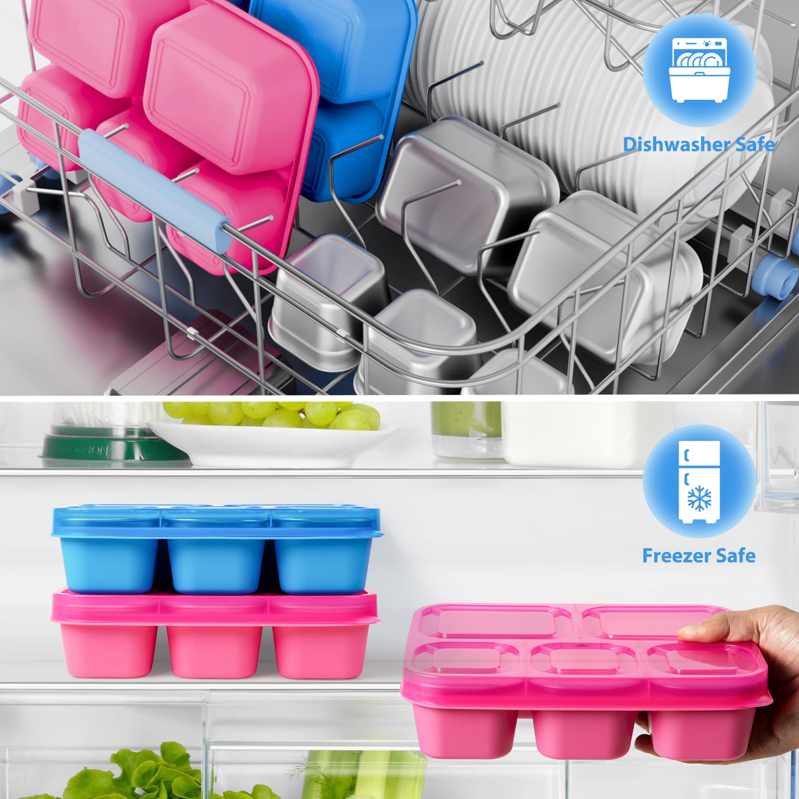 Freshmage Contenitori per snack in acciaio inox, confezione da 2, senza BPA, con 5 scomparti, riutilizzabili, per scuola, lavoro e viaggi, lavabili in lavastoviglie (blu)