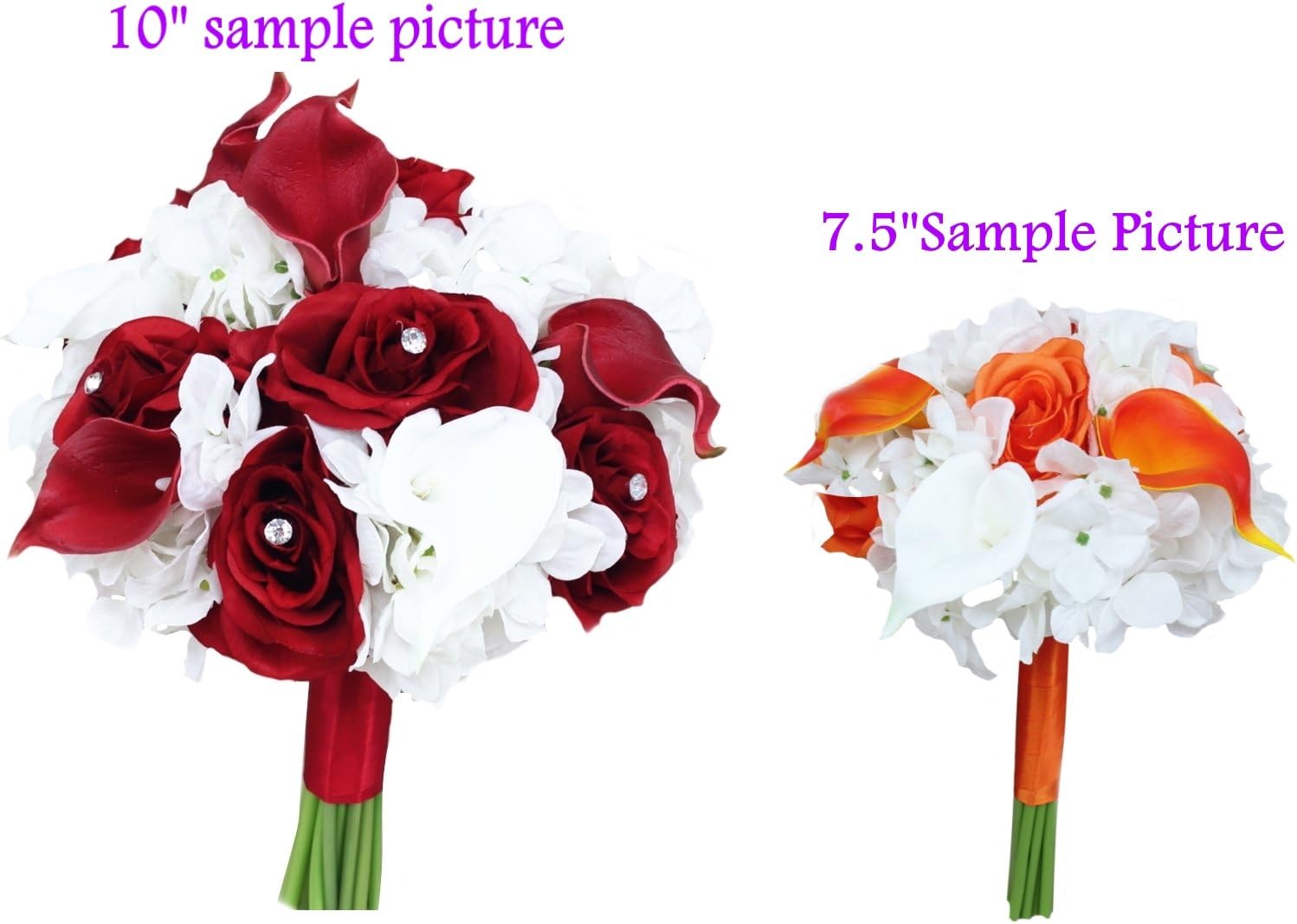 Angel Isabella Beautiful Hand-Tied Bouquet-Hydrangea Rose Calla Lily-Colors in Navy Wine Burgundy Fuchsia Raspberry Mint Spa Coral Turquoise Horizon Blue (Ivory/Red, 7.5")