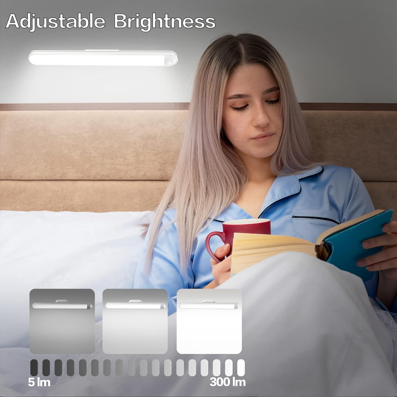 A person reading in bed with the light mounted above, showing different brightness levels from 5 lumens to 300 lumens.