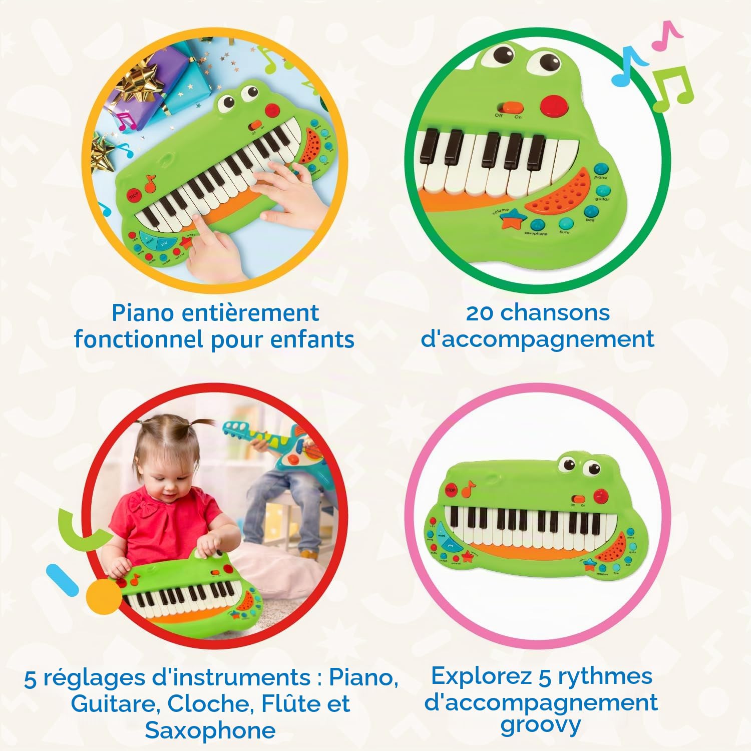Battat Piano Crocodile, Clavier Musical pour Enfant à 5 sonorités, Plan | 15 comptines, 5 morceaux classiques, 5 rythmes, enregistrement, réglage du tempo et du volume, Plan, 2 ans et +