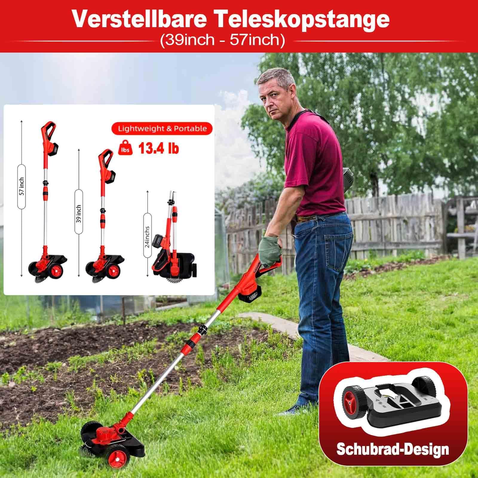 Rasentrimmer mit Akku und Unkrautbürste, 9" Bürstenlose Freischneider,mit 2 Akku 4.0Ah, 21v unkrautbürste akku, Trimmer Garten mit 4 Klingentypen, für Garden Trimmen