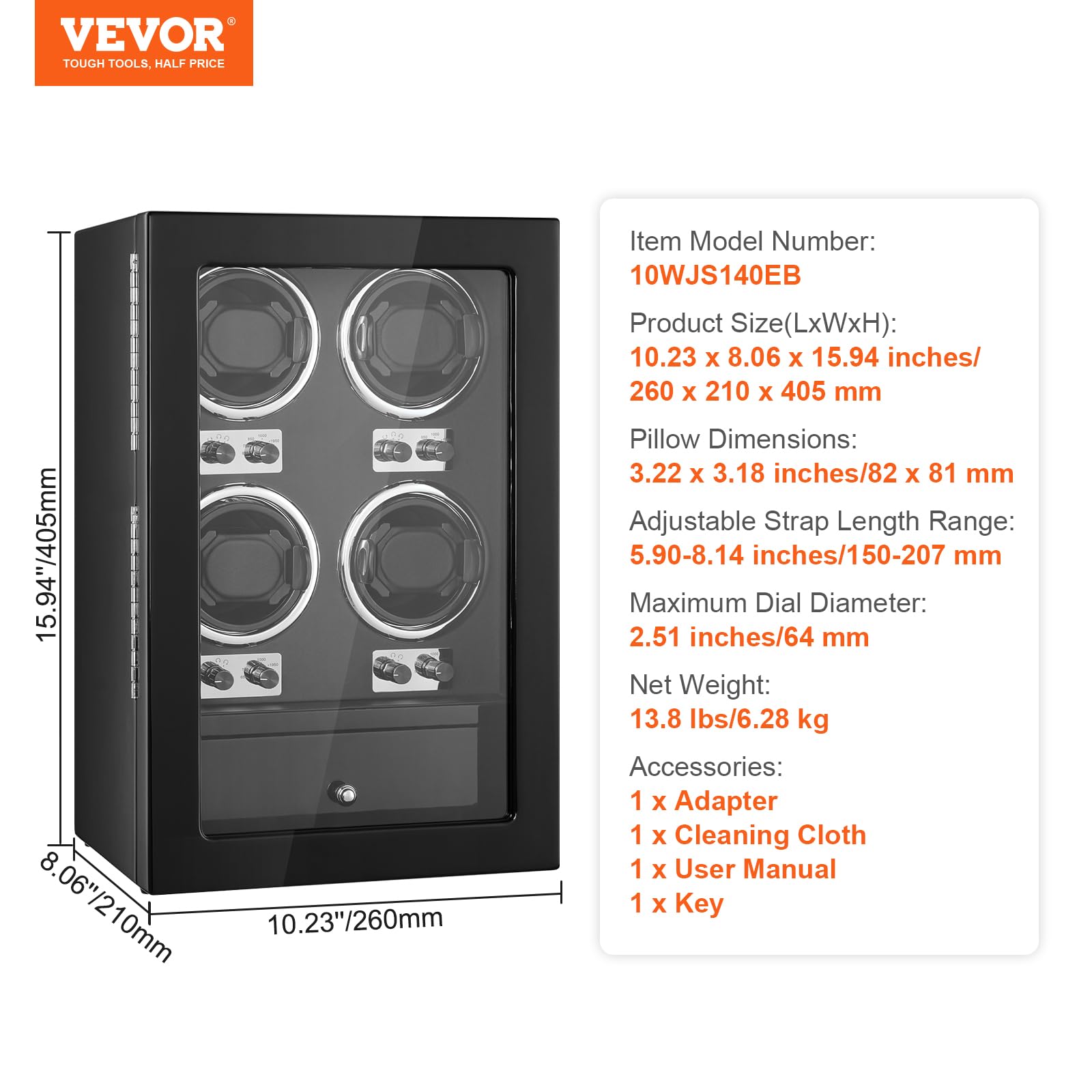 VEVOR Uhrenbeweger Uhrenbeweger für 4 Herren Damen Automatikuhren, mit 4 super leisen japanischen Mabuchi-Motoren, blauem LED-Licht und Adapter, hochdichter Boardschale und schwarzem PU