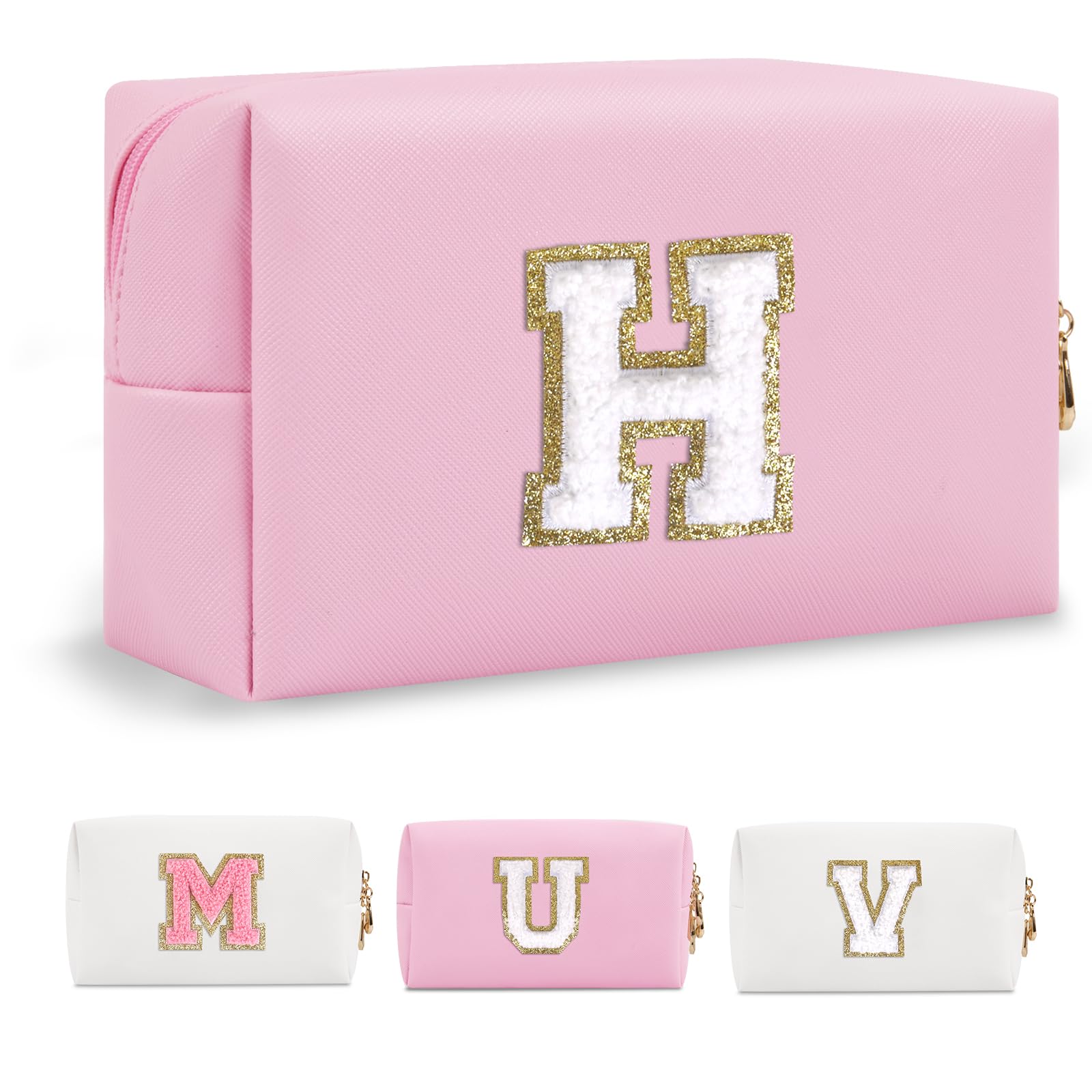 ChaoGreatPersonalized Initial A-Z Preppy Patch Makeup Bag,Small PU Chenille Letter Cosmetic Bag with Zipper for Teen Girls,Pink Cute Toiletry Organizer Bag,Monogram Makeup Case Gift for Women Girls,Letter H