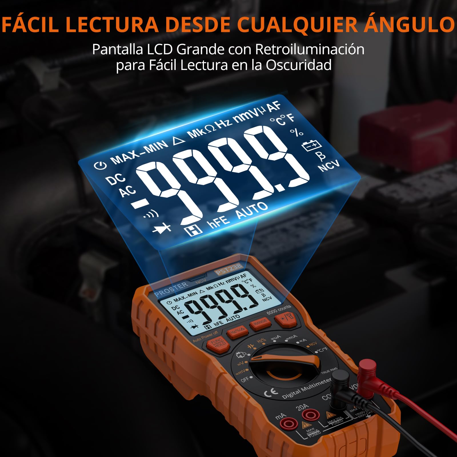 Proster Multímetro Digital 6000 Cuentas NCV TRMS Polímetro Profesional Rango Automático con Pinzas Cocodrilo para Prueba de Voltaje Corriente DC/AC Resistencia Capacitancia Continuidad Temperatura